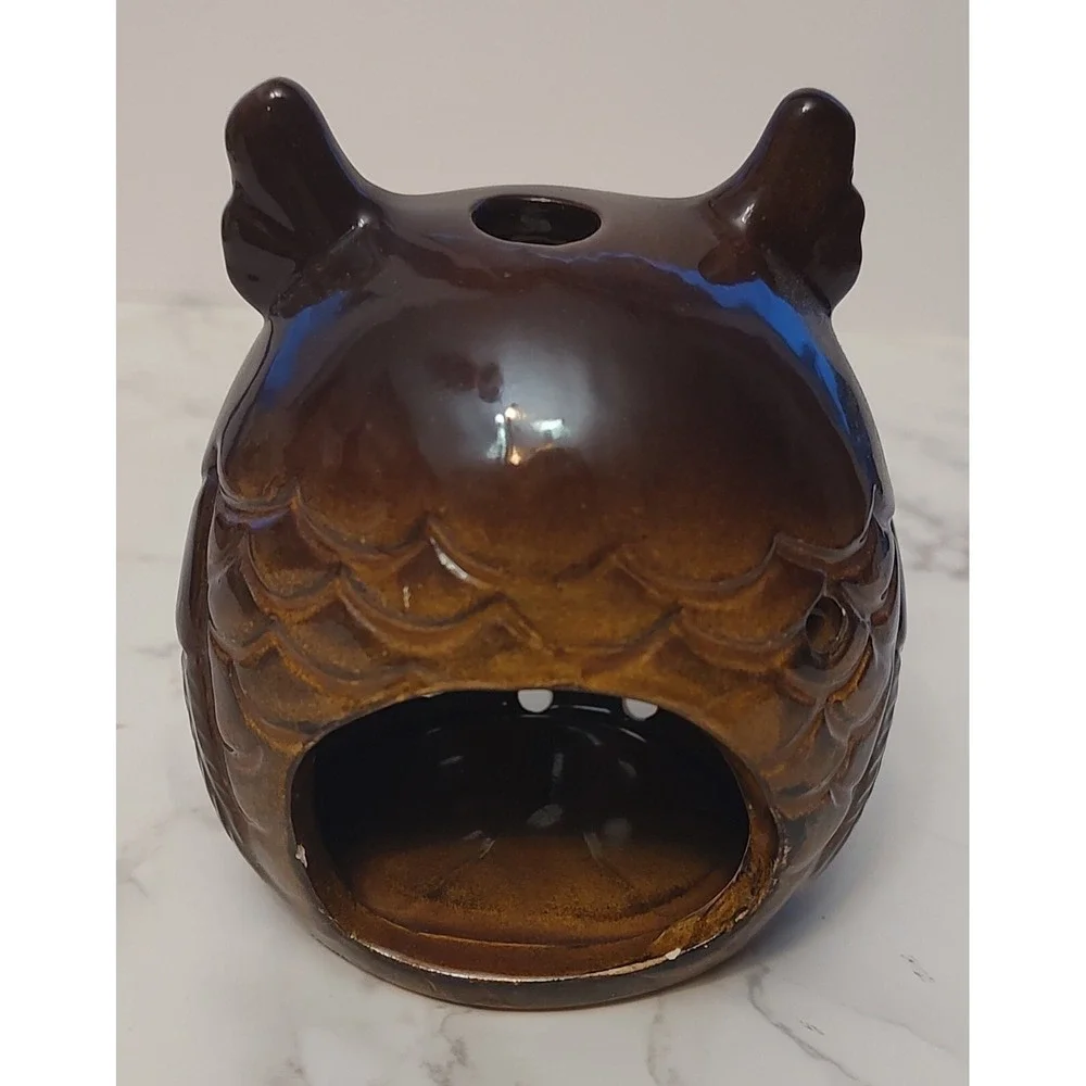 Ceramic Pottery Fall Owl Tea Light Holder Boho Candle Holder Brown Decor B4